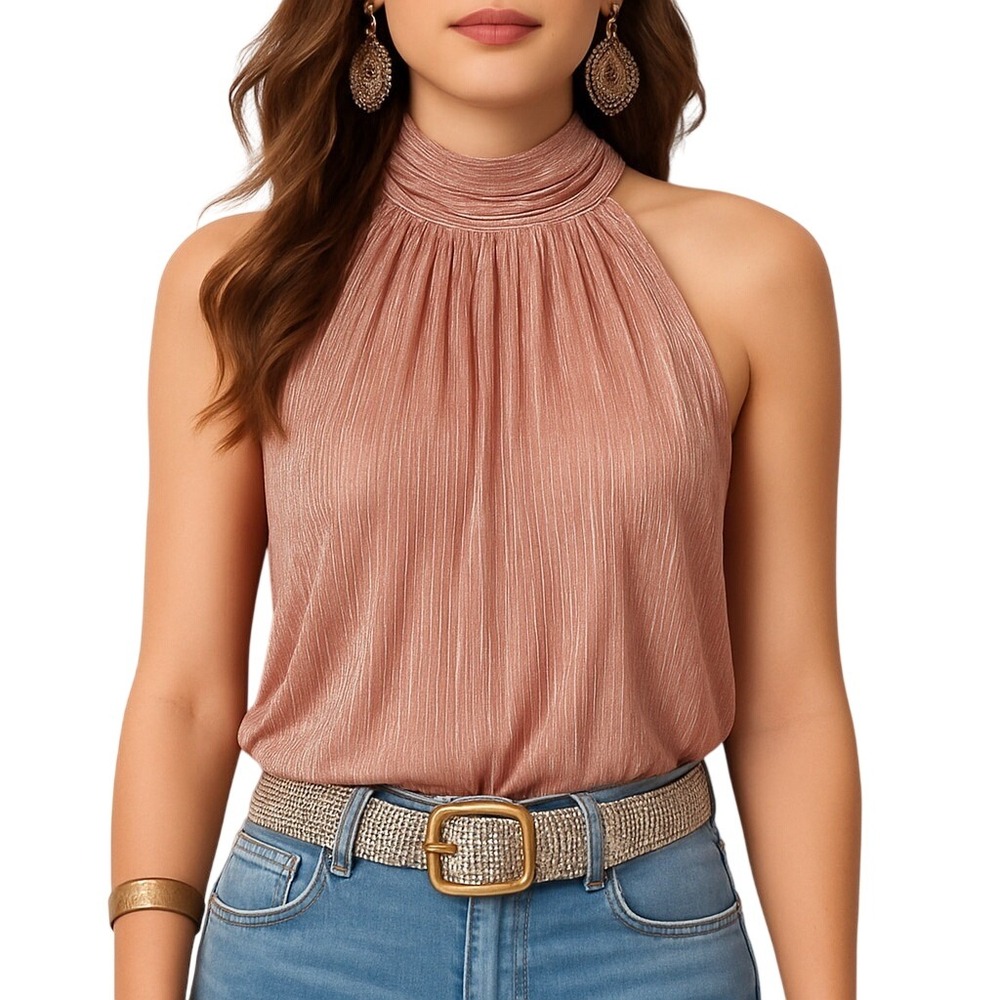 Nine West Rose Gold Metallic Halter Tank Top Shimmer Blouse PXXL Petite‎ NWT